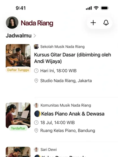 Contoh rancangan halaman Aplikasi Jadwal Kelas Musik
