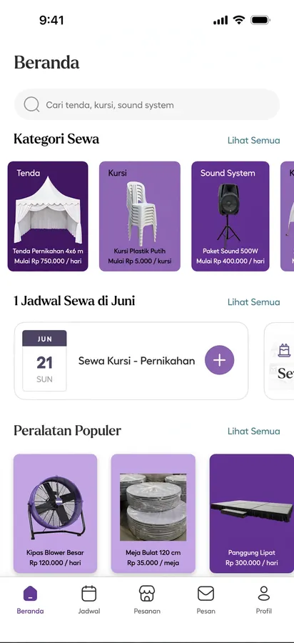 Contoh rancangan halaman Aplikasi Sewa Alat Pesta